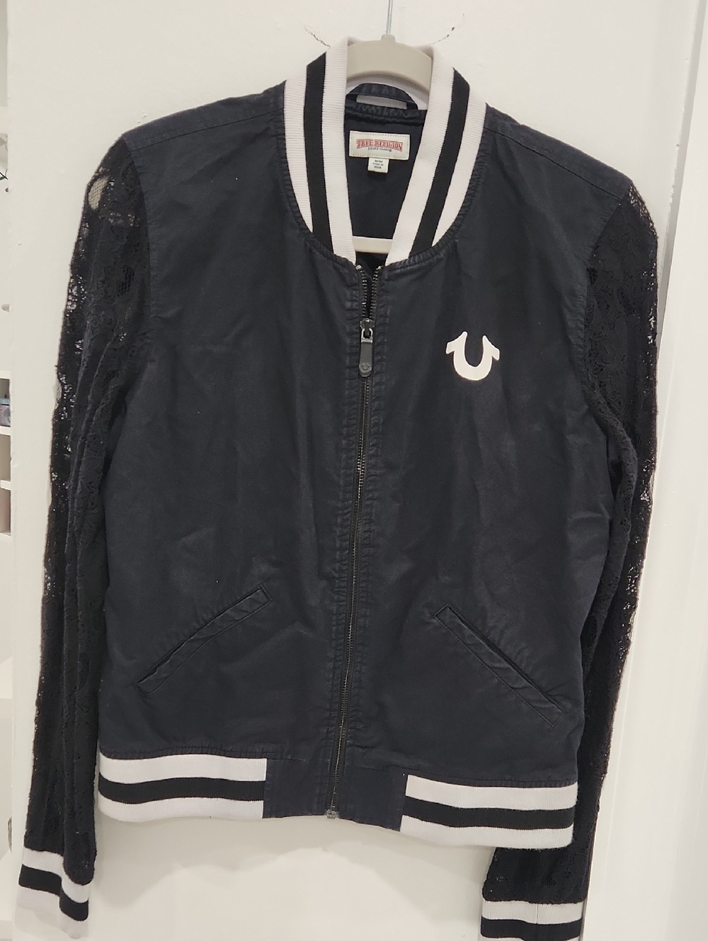 True Religion Black Bomber Jacket with White Trim and Lace Sleeves